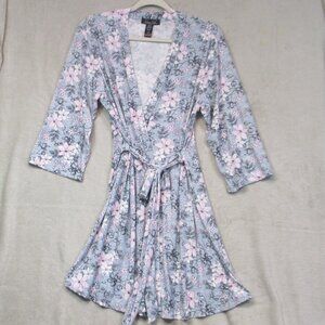 Rene Rofe Women's Gray Pink Floral Sleepwear Open Robe Lightweight Size L